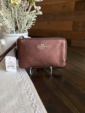 Coach Metallic Bronze Pebble Leather Double Zip Wristlet Wallet